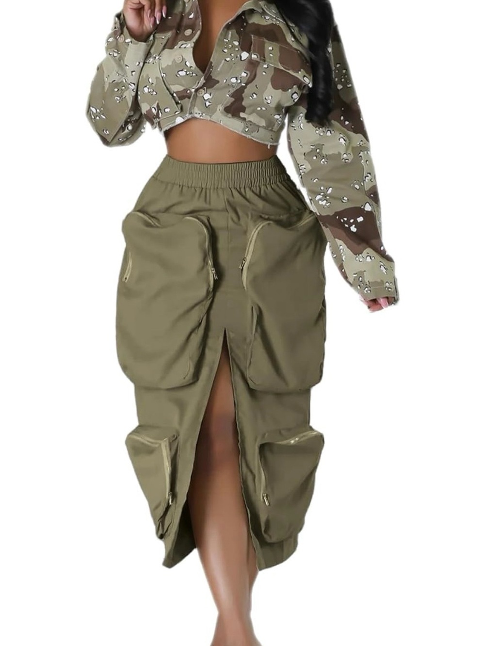 Olive Cargo Pencil Skirt with Front Slit